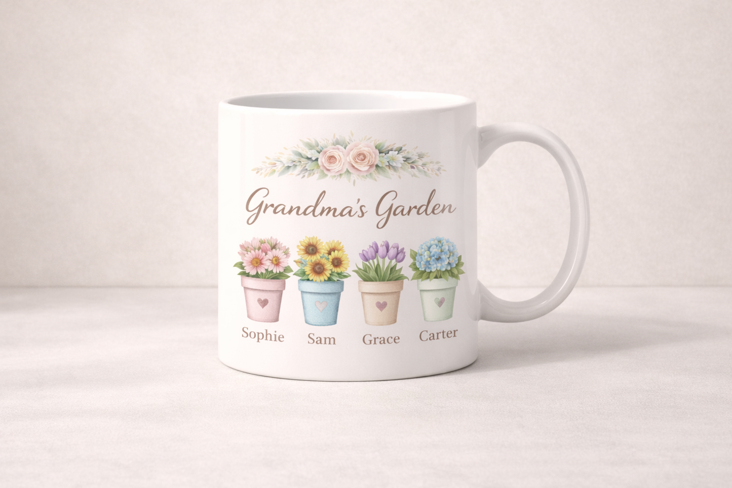 Personalisierte Tasse mit Namen und Blumenmuster