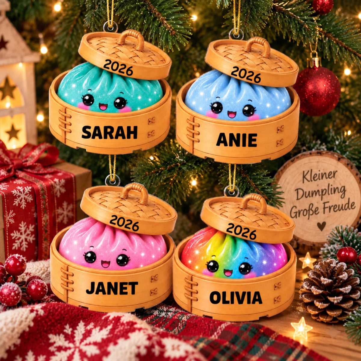 Kerstboom met schattige dumpling-ornamenten