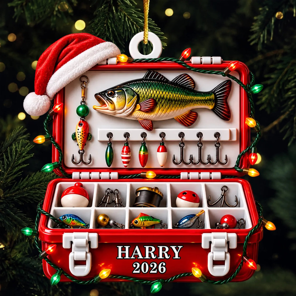 3D-Weihnachtsornament in Form einer Angelbox für Angler, Geschenk für Papa und Angler – personalisierbarer Christbaumschmuck