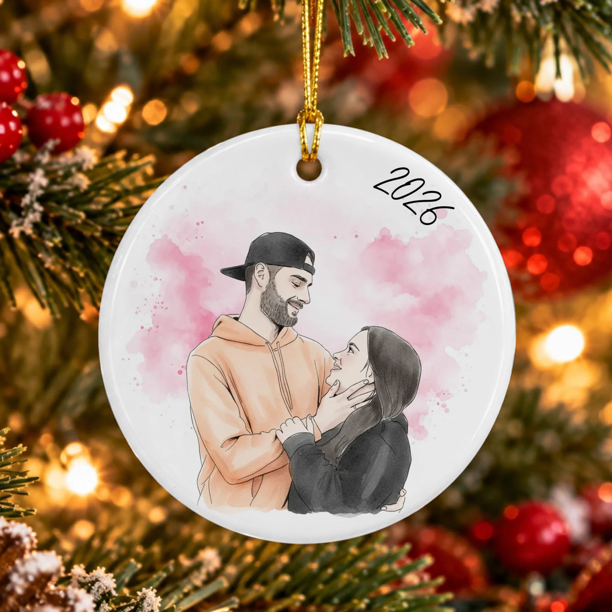 Personalisierter Weihnachtsschmuck mit individuellem Foto im Aquarellstil – Jahrestagsgeschenk für Paare