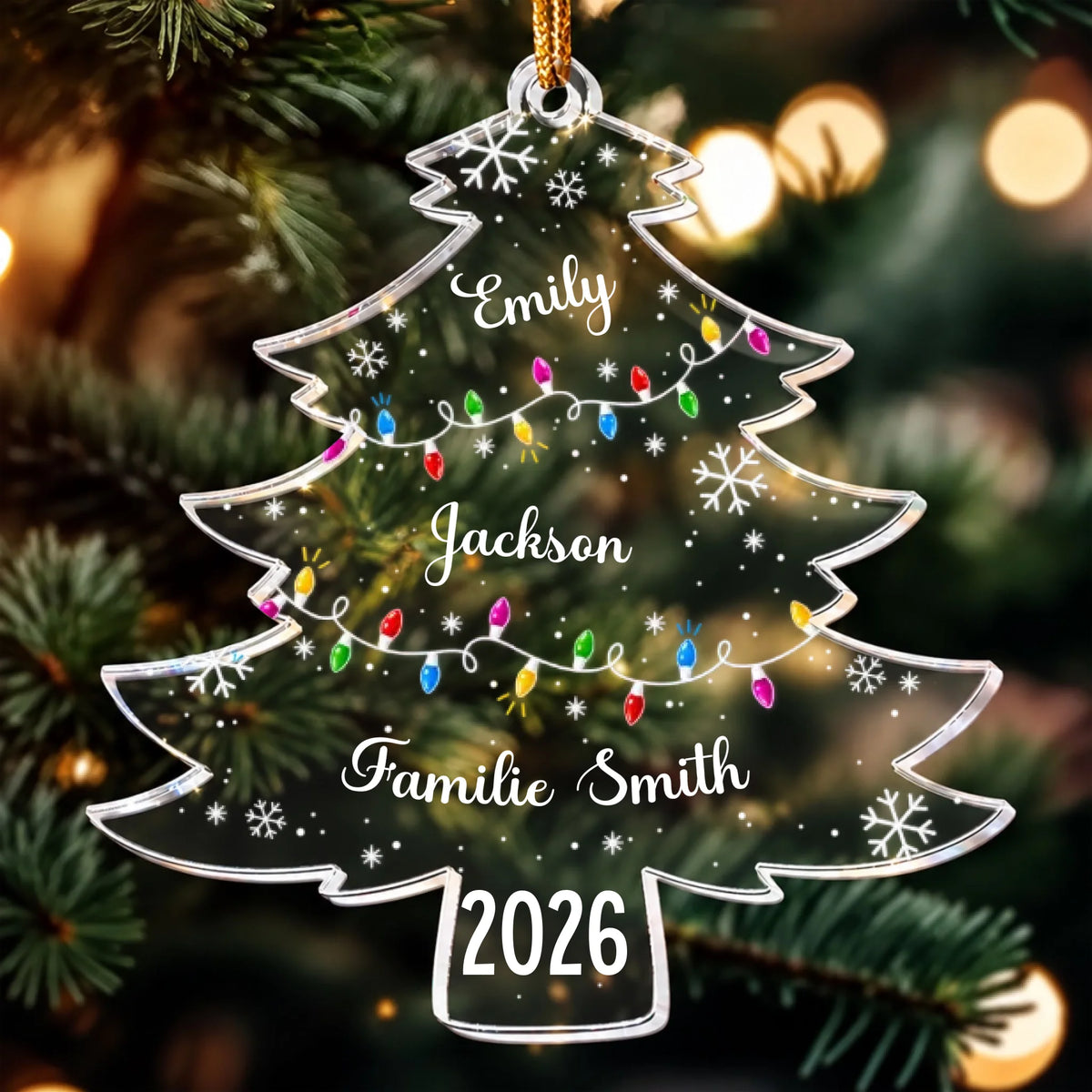 Weihnachtsbaum mit Familiennamen und LED-Beleuchtung – Personalisiertes Acryl-Ornament