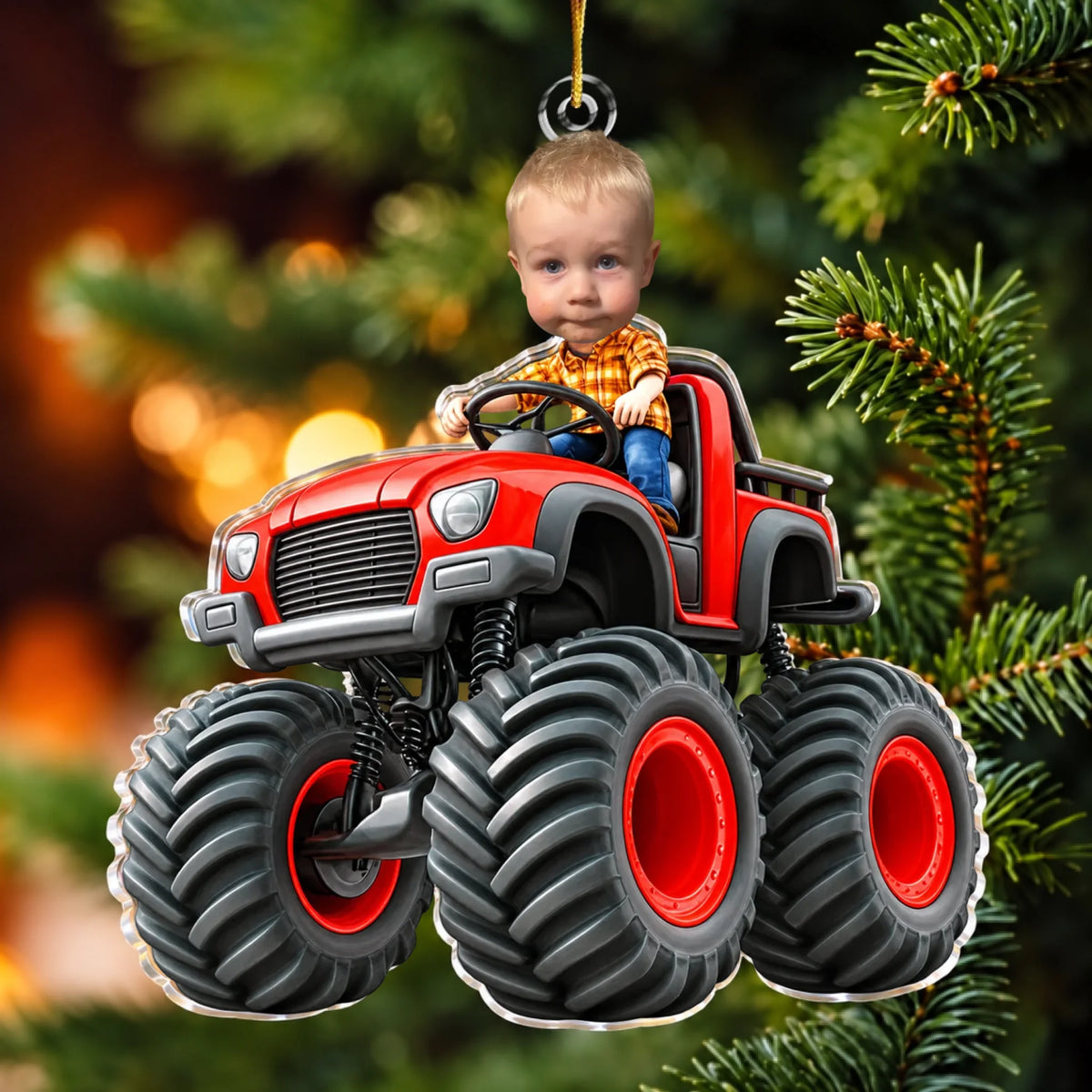 Kind mit personalisiertem Gesicht im Monstertruck – Geschenke für Kleinkinder und Kinder – Personalisiertes Acryl-Fotoornament