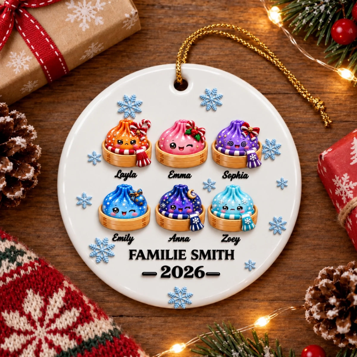 Kerstornament met kawaii dumplings en namen