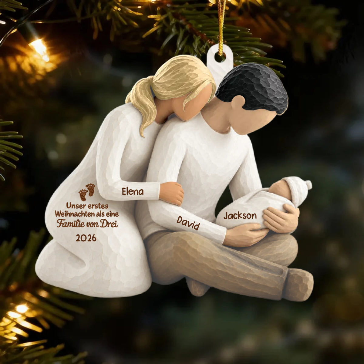 Unser erstes Weihnachten zu dritt – Personalisierter Weihnachtsbaumschmuck aus Holz, Geschenk zur Geburt für Mama, Papa und Baby