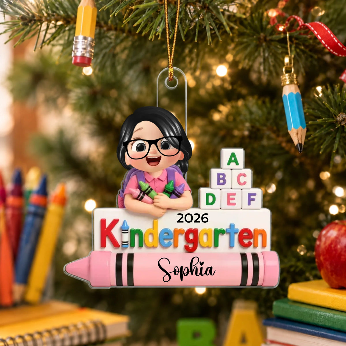 Erster Kindergartentag für Jungen und Mädchen im flachen 2D-Design – Personalisierter Weihnachtsbaumschmuck – Erinnerungsstück zum Kindergartenstart für Kinder