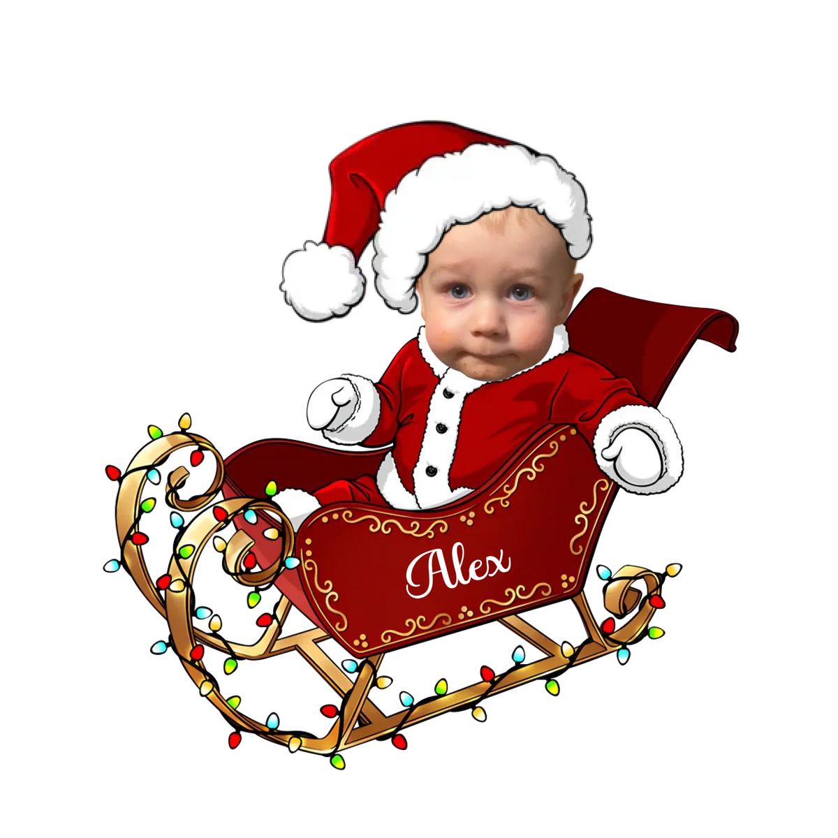 Niedliches Baby mit personalisiertem Gesicht im Schlitten des Weihnachtsmanns – Personalisierter Acryl-Fotoanhänger